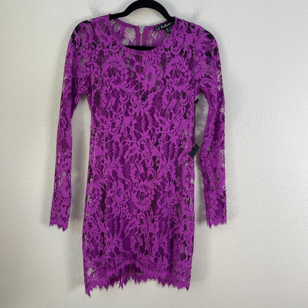 NEW For Love & Lemons Womens Small Purple Lace Mini Dress Long Sleeve Party